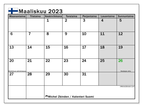 Tulostettavat kalenteri “Suomi”, jossa on vapaapäiviä. Kuukausikalenteri maaliskuu 2023 ja päiväkirja ilmaiseksi tulostettavaksi.