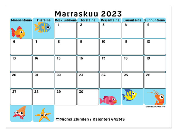 Kalenteri marraskuu 2023, 442MS. Ilmainen tulostettava aikataulu.