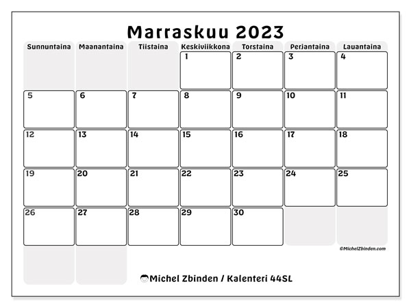 Tulostettava kalenteri, marraskuu 2023, 44SL