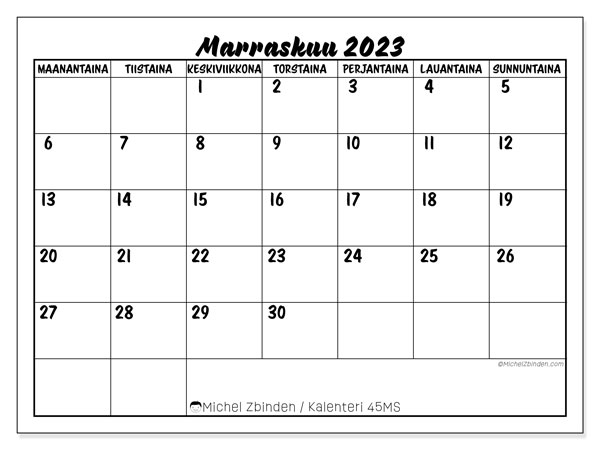 Kalenteri marraskuu 2023, 45MS. Ilmainen tulostettava kartta.