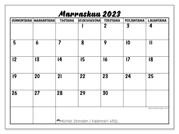 Kalenteri marraskuu 2023, 45SL. Ilmainen tulostettava aikataulu.