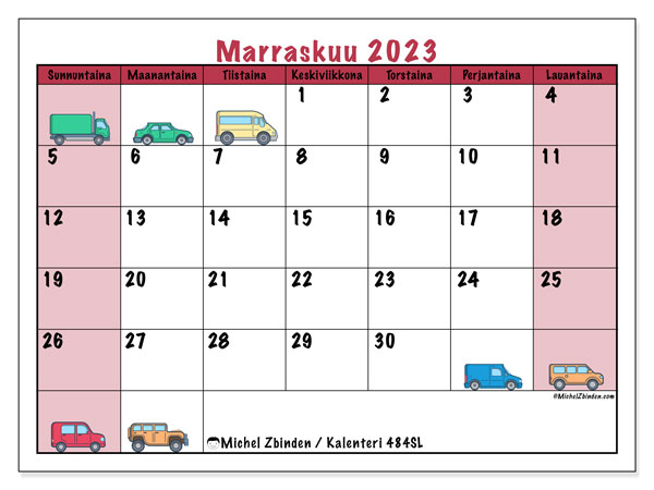 Kalenteri marraskuu 2023 “484”. Ilmainen tulostettava ohjelma.. Sunnuntaista lauantaihin