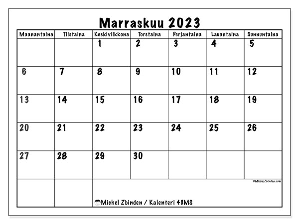 Tulostettava kalenteri, marraskuu 2023, 48MS