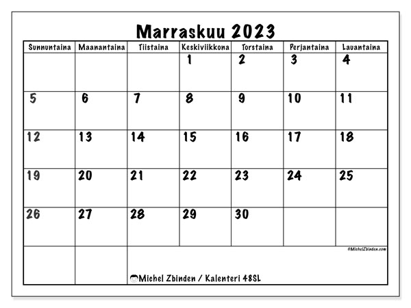 Tulostettava kalenteri, marraskuu 2023, 48SL