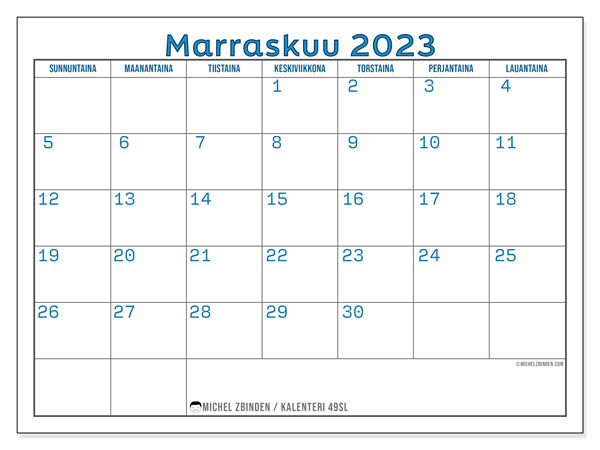 Kalenteri marraskuu 2023, 49SL. Ilmainen tulostettava kartta.