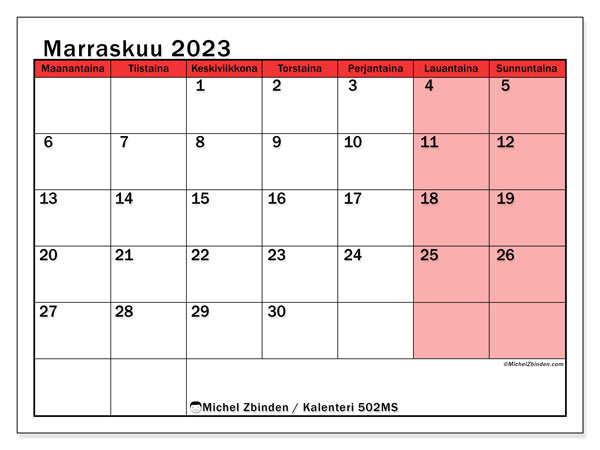 Kalenteri marraskuu 2023, 502MS. Ilmainen tulostettava kartta.