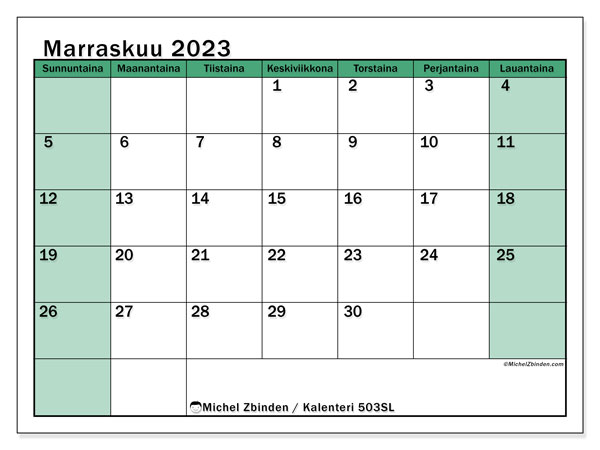 Kalenteri marraskuu 2023, 503SL. Ilmainen tulostettava aikataulu.