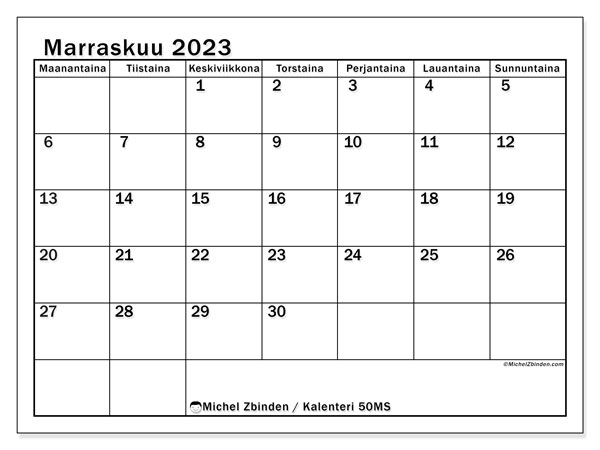 Kalenteri marraskuu 2023, 50MS. Ilmainen tulostettava aikataulu.