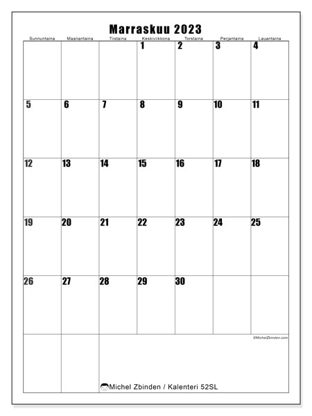 Tulostettava kalenteri, marraskuu 2023, 52SL