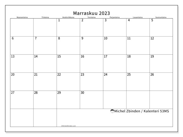 Kalenteri marraskuu 2023, 53MS. Ilmainen tulostettava aikataulu.