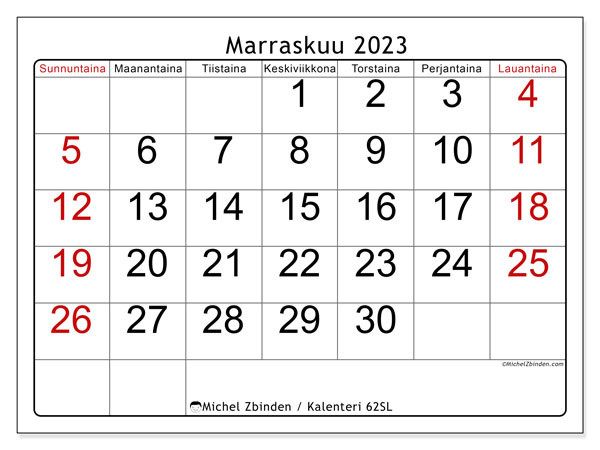 Kalenteri marraskuu 2023, 62SL. Ilmainen tulostettava aikataulu.