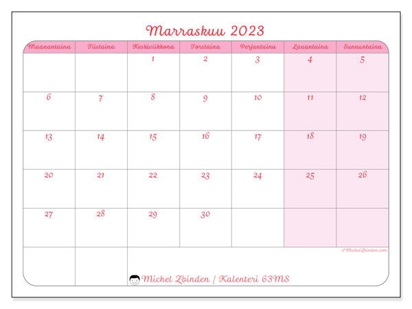 Kalenteri marraskuu 2023, 63MS. Ilmainen tulostettava aikataulu.