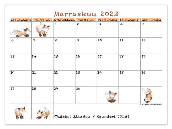 Kalenteri marraskuu 2023, 771MS. Ilmainen tulostettava aikataulu.