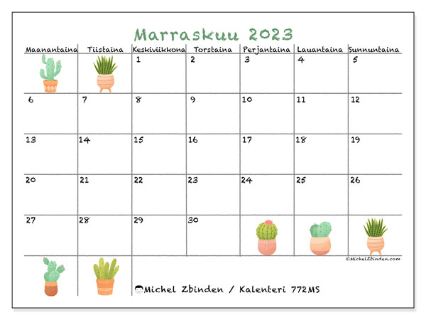 Kalenteri marraskuu 2023, 772MS. Ilmainen tulostettava aikataulu.