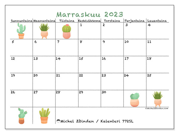 Kalenteri marraskuu 2023, 772SL. Ilmainen tulostettava aikataulu.