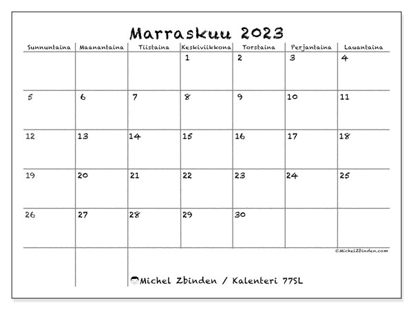 Tulostettava kalenteri, marraskuu 2023, 77SL
