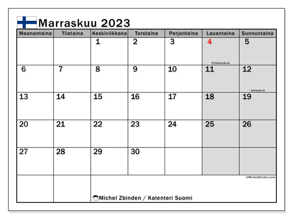 Kalendarz listopad 2023, Finlandia (FI). Darmowy program do druku.