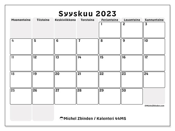 Tulostettava kalenteri, syyskuu 2023, 44MS