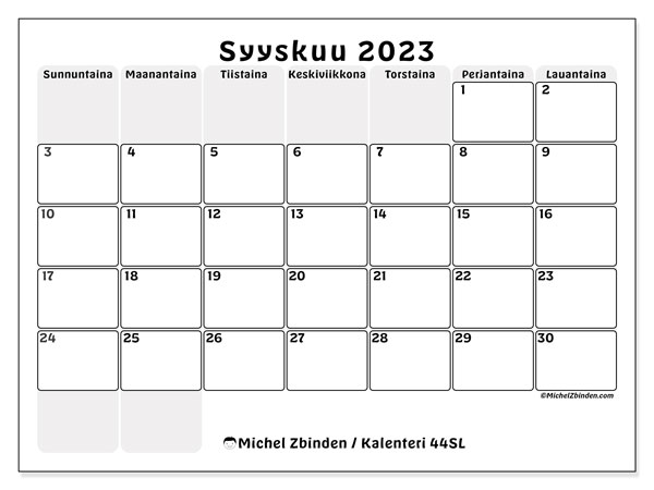 Tulostettava kalenteri, syyskuu 2023, 44SL