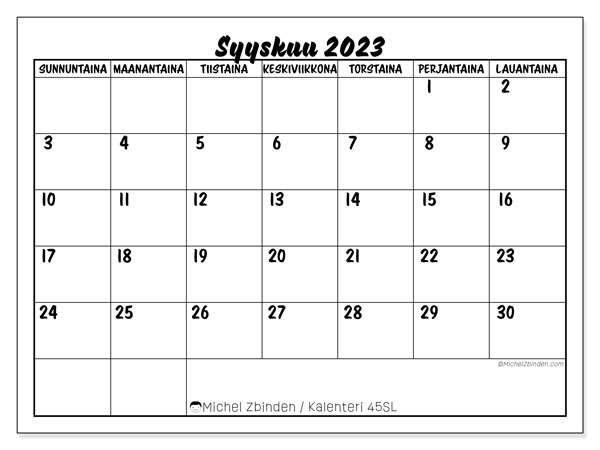 Tulostettava kalenteri, syyskuu 2023, 45SL