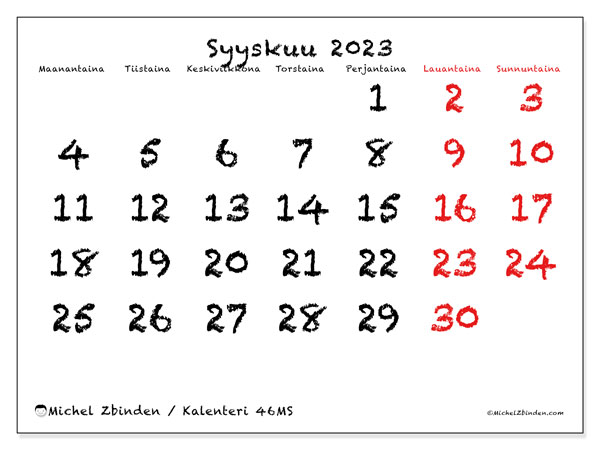 Tulostettava kalenteri, syyskuu 2023, 46MS