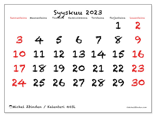 Tulostettava kalenteri, syyskuu 2023, 46SL