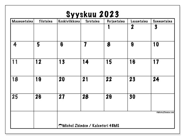 Tulostettava kalenteri, syyskuu 2023, 48MS