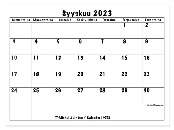 Tulostettava kalenteri, syyskuu 2023, 48SL