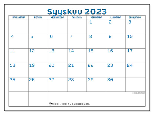 Tulostettava kalenteri, syyskuu 2023, 49MS