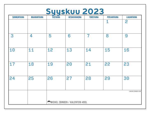 Tulostettava kalenteri, syyskuu 2023, 49SL