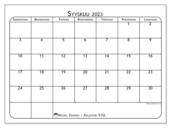 Kalenteri syyskuu 2023, 51SL. Ilmainen tulostettava kartta.