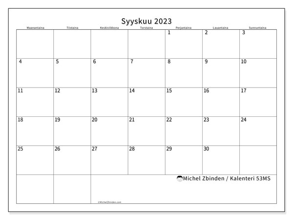 Tulostettava kalenteri, syyskuu 2023, 53MS