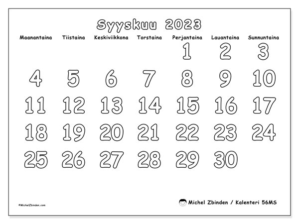 Tulostettava kalenteri, syyskuu 2023, 56MS