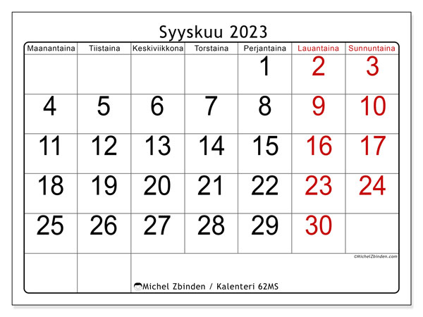 Tulostettava kalenteri, syyskuu 2023, 62MS