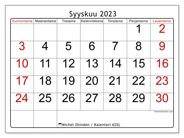 Kalenteri syyskuu 2023, 62SL. Ilmainen tulostettava kartta.