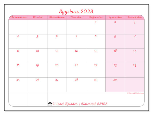Tulostettava kalenteri, syyskuu 2023, 63MS