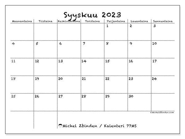 Tulostettava kalenteri, syyskuu 2023, 77MS