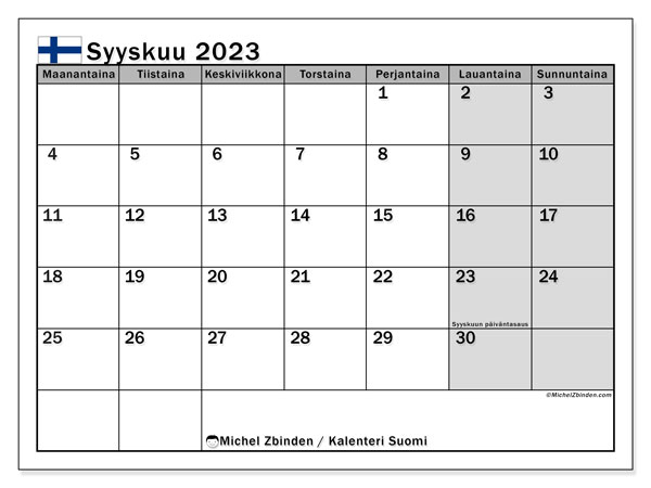 Calendário Setembro 2023, Finlândia (FI). Mapa gratuito para impressão.