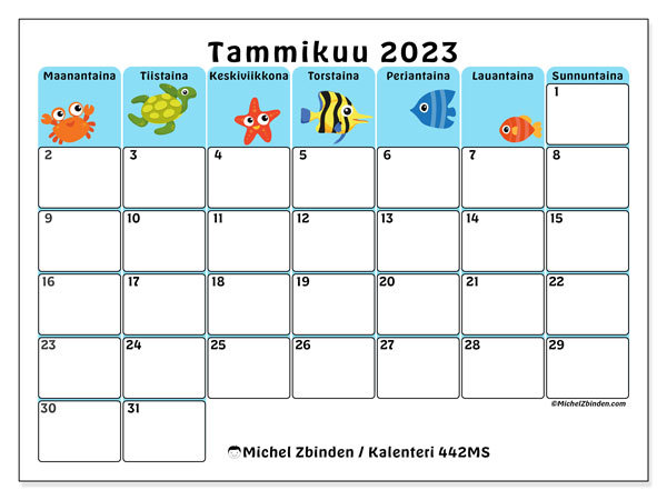 Kalenteri tammikuu 2023, 442MS. Ilmainen tulostettava kalenteri.