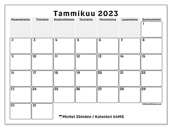 Tulostettava kalenteri, tammikuu 2023, 44MS