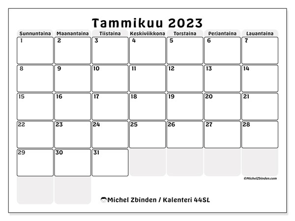 Tulostettava kalenteri, tammikuu 2023, 44SL
