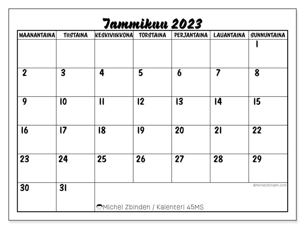 Kalenteri tammikuu 2023, 45MS. Ilmainen tulostettava kalenteri.
