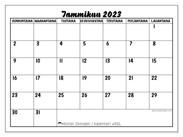 Tulostettava kalenteri, tammikuu 2023, 45SL
