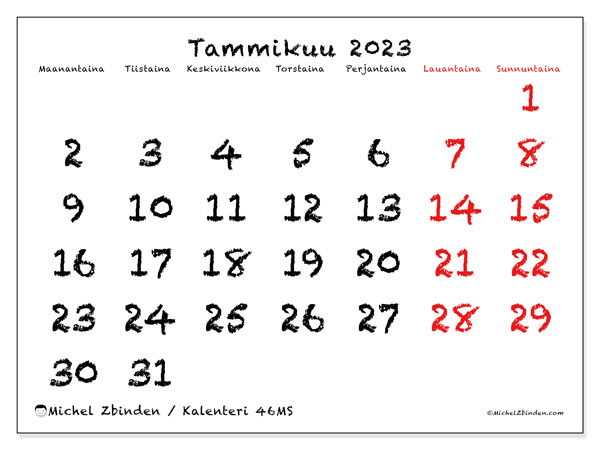 Tulostettava kalenteri, tammikuu 2023, 46MS