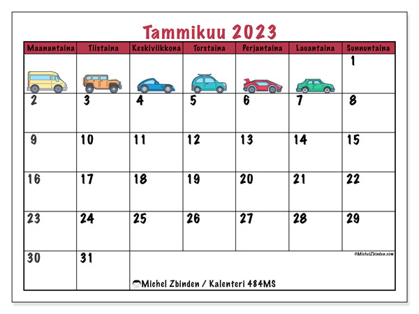 Tulostettavat kalenteri tammikuu 2023. Kuukausikalenteri “484MS” ja aikataulu ilmaiseksi tulostettavaksi