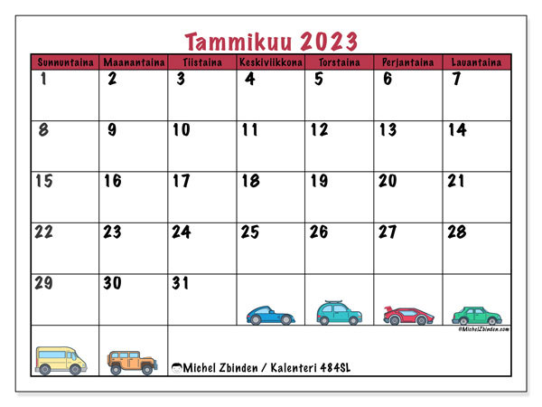 Kalenteri tammikuu 2023 “484”. Ilmainen tulostettava aikataulu.. Sunnuntaista lauantaihin