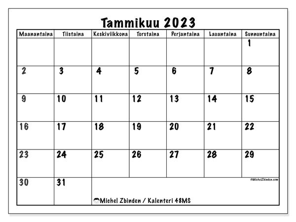 Kalenteri 48MS, tammikuu 2023, painatusta varten, maksutta. Ilmainen tulostettava ohjelma