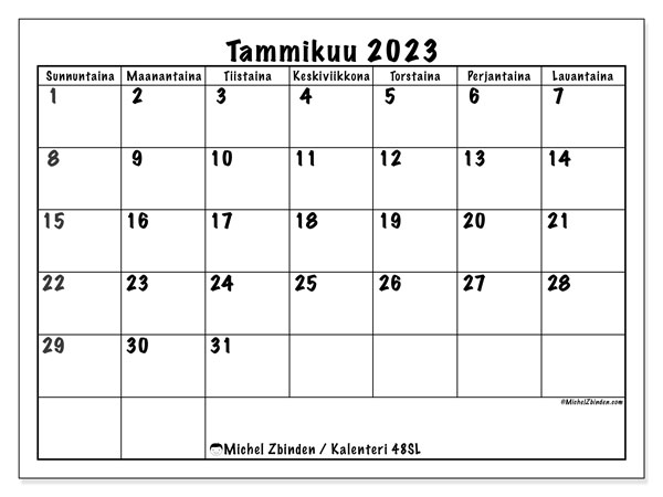 Tulostettava kalenteri, tammikuu 2023, 48SL