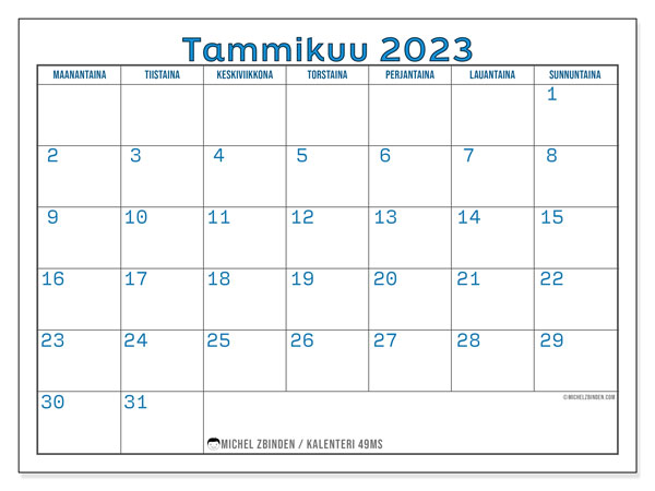 Tulostettava kalenteri, tammikuu 2023, 49MS