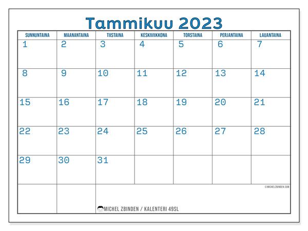 Tulostettava kalenteri, tammikuu 2023, 49SL
